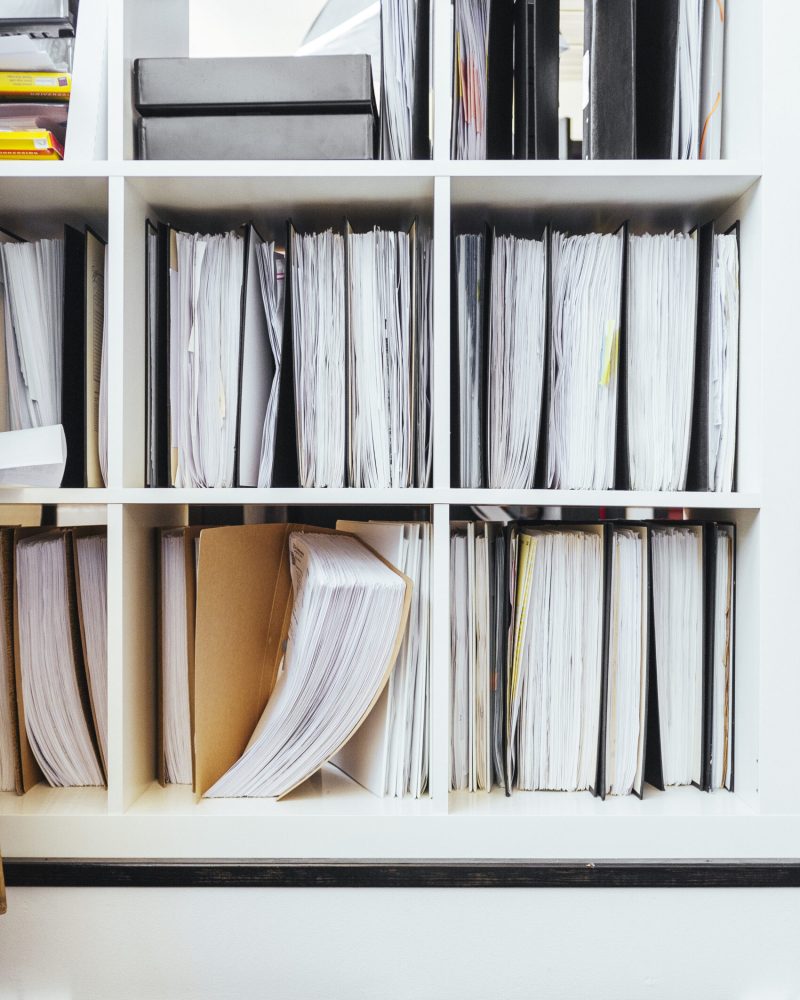 Documents in shelves at office